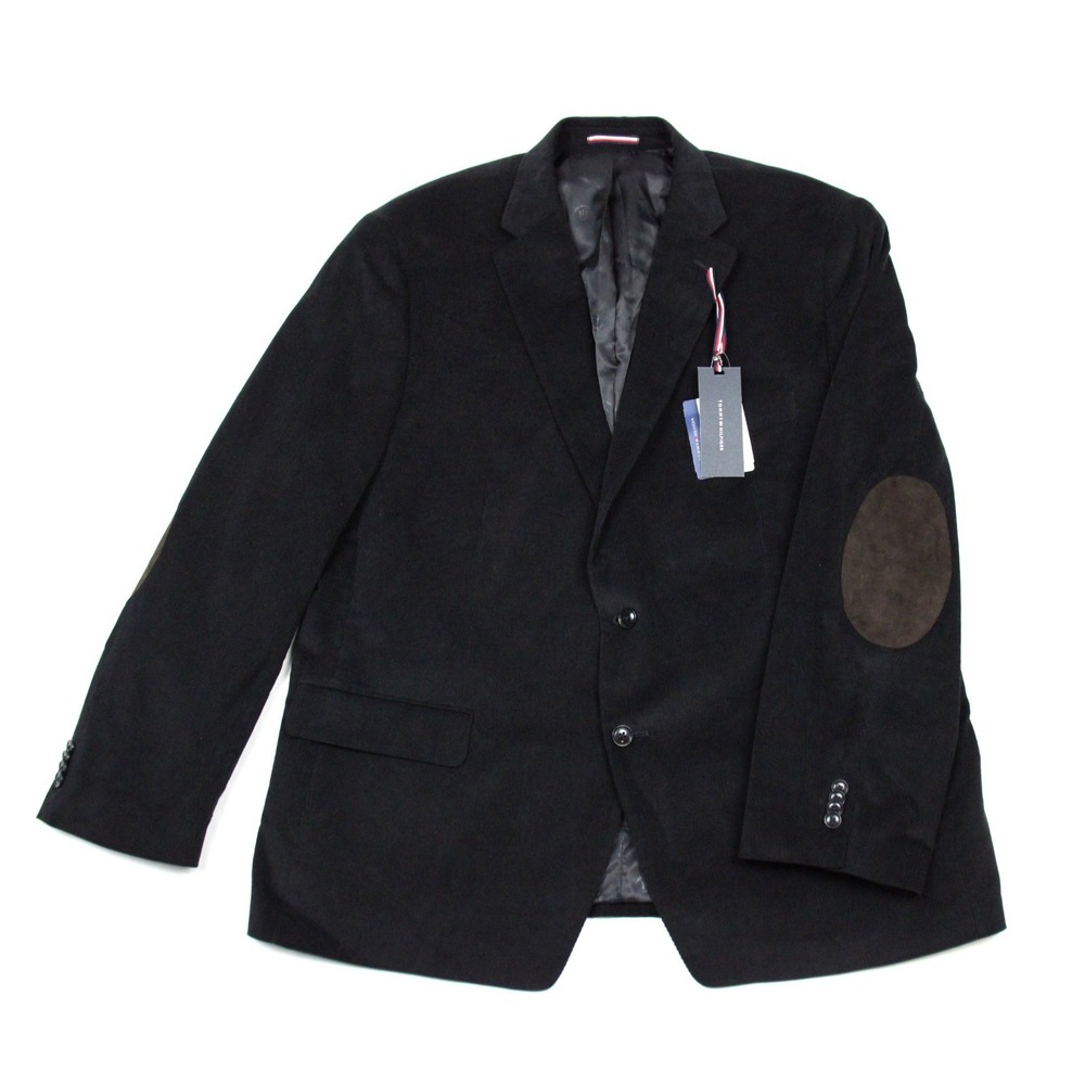 Tommy Hilfiger Sport Coat Mens 48 R Black Corduroy Elbow Patch Blazer Jacket